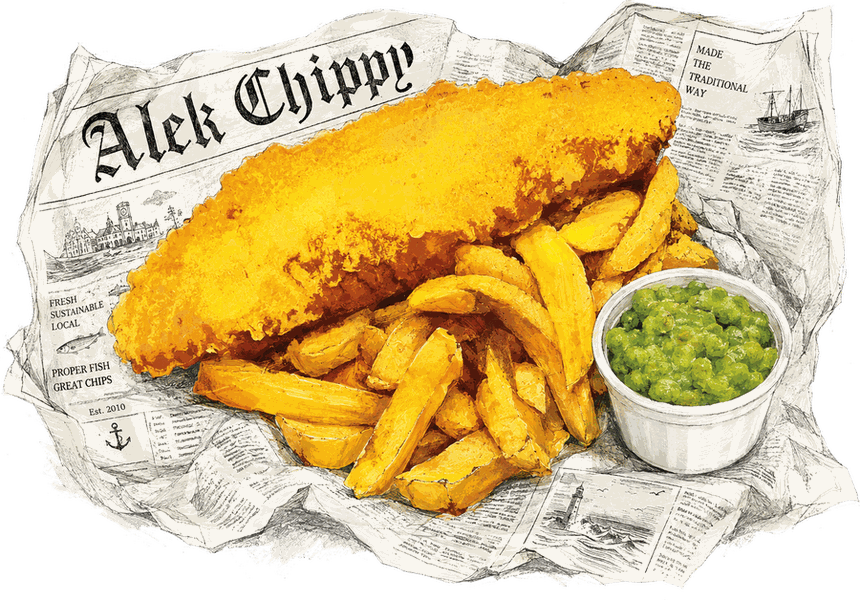 Battered fish, thick-cut chips and a pot of mushy peas on newspaper